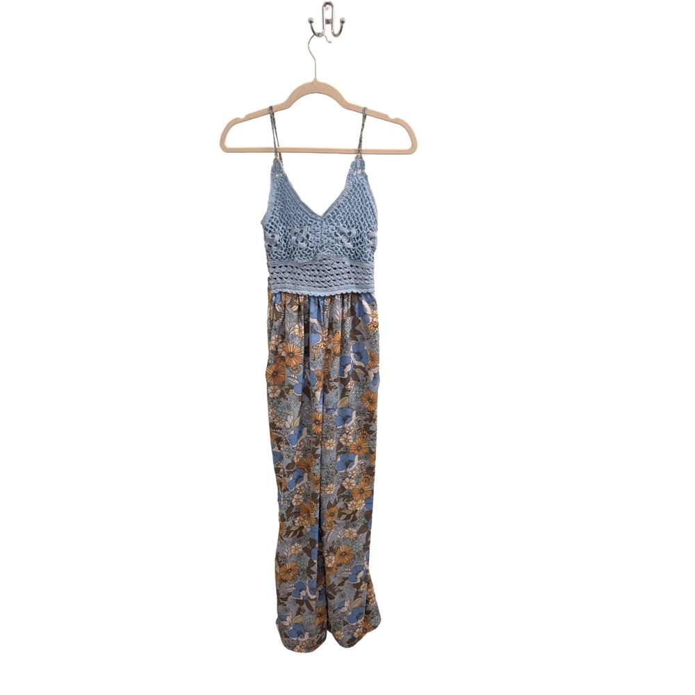BOG Collective Crocheted Blue Top Floral Jumpsuit